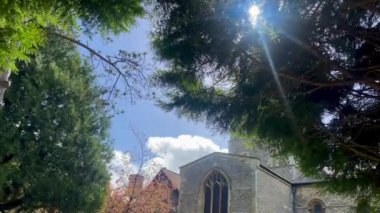 Yeşillik ve uzun ağaçlarla çevrili büyüleyici taş kilise. Dallardan süzülen güneş ışığı huzurlu ve huzurlu bir atmosfer yaratıyor.
