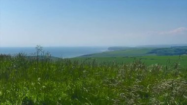 Eastbourne yakınlarındaki İngiliz kırsalında, Doğu Sussex, Birleşik Krallık, sakin kıyı şeridine karışan yemyeşil alanlar ve parlak bir gökyüzü altında sakin mavi deniz
