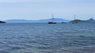 Parlak turkuaz deniz suları, açık bir yaz gökyüzü altında Türkiye 'nin Bodrum kenti yakınlarında yeşil tepelerle ve beyazlatılmış evlerle buluşuyor..