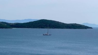 Türkiye 'nin Bodrum kenti yakınlarındaki yeşil tepelere doğru uzanan berrak turkuaz deniz suyu, sakin sahile doğru hafif dalgalarla ağır çekimde ilerliyor.