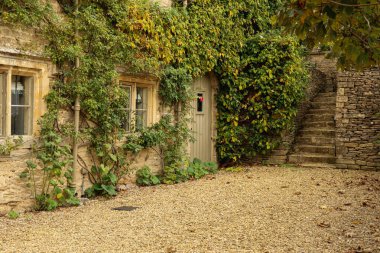 Yeşil tırmanma tesisleri ve duvarlarını sarmaşık kaplayan büyüleyici taş kulübe. Kavisli ahşap bir kapının ve taş merdivenlerin önündeki çakıl yolu. Cotswolds, İngiltere