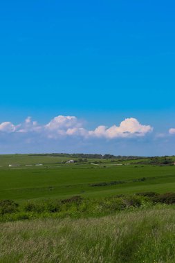 Yuvarlanan yeşil tepeler kümülüs bulutlarıyla dolu geniş mavi gökyüzü ile buluşarak uzak çiftlik araçlarıyla huzurlu bir kırsal alan oluşturuyor. Doğu Sussex, İngiltere