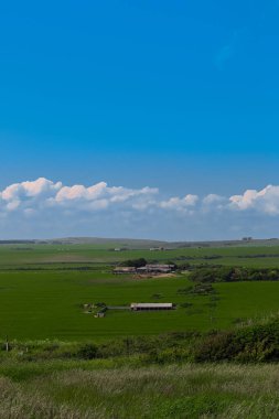 Extensive green agricultural fields and farm buildings under a clear blue sky with white clouds. East Sussex countryside, England