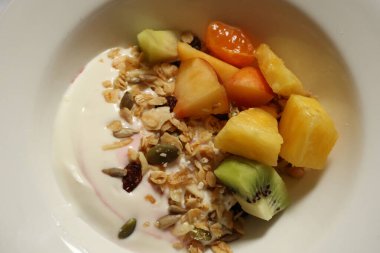Yogurt bowl offering a delicious and healthy breakfast. Cotswolds countryside, England