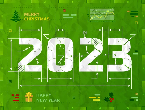 Yeni Yıl 2023 Teknik Taslak Çizimi Olarak 2023 Buruşuk Kağıtlarla — Stok Vektör