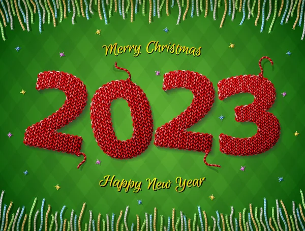 2023 Alakja Kötött Szövet Kockás Háttér Karácsonyi Kívánságok Színes Fonalakkal — Stock Vector