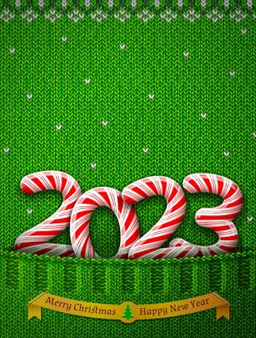 New Year 2023 in shape of candy stick in knitted pocket. Sweater fragment with year number as holiday candies. Vector image for new years day, christmas, sweet-stuff, winter holiday, new years eve clipart