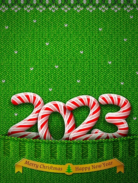 お正月2023ニットポケットにキャンディスティックの形で 休日のキャンディーとして年間番号を持つセーターフラグメント 新しい年のベクトル画像 クリスマス 甘いもの 冬の休日 新しい年の前夜 — ストックベクタ