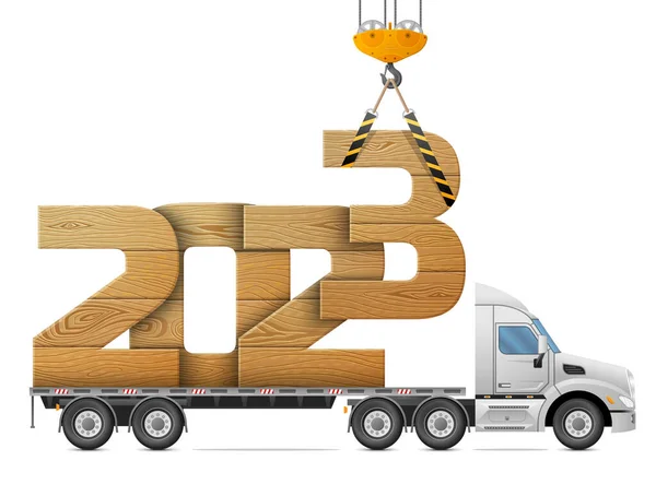 起重机装载着2023年的木材 卡车后面有一个大的木制年份号 圣诞节 新年前夕 卡车货运 丝绸等方面的病媒图像 — 图库矢量图片