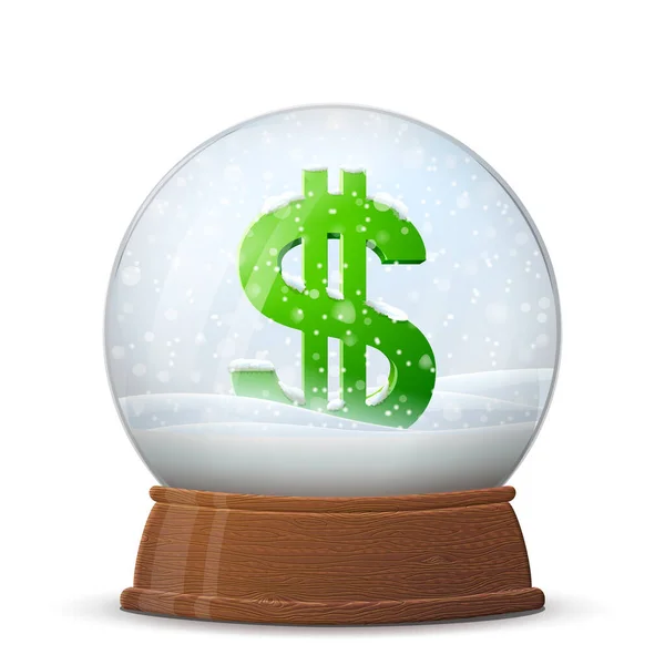 Christmas Snow Globe Money Symbol Wooden Stand Glass Snow Dome — Stock Vector
