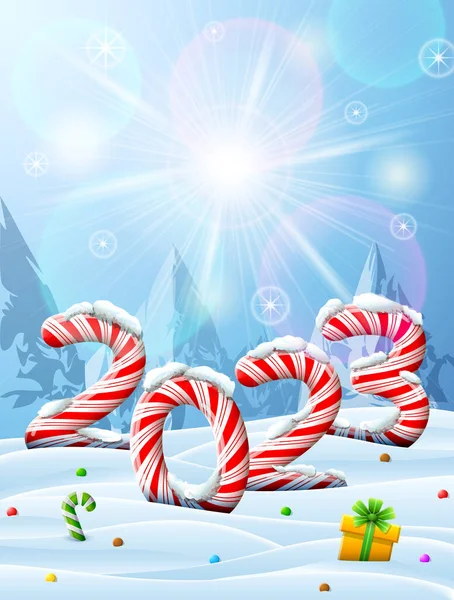 雪の中でキャンディスティックの形で2023年 キャンディとコピースペースで冬の風景 新年のベクトル画像 クリスマス お菓子 冬の休日 新しい年の前夜 — ストックベクタ