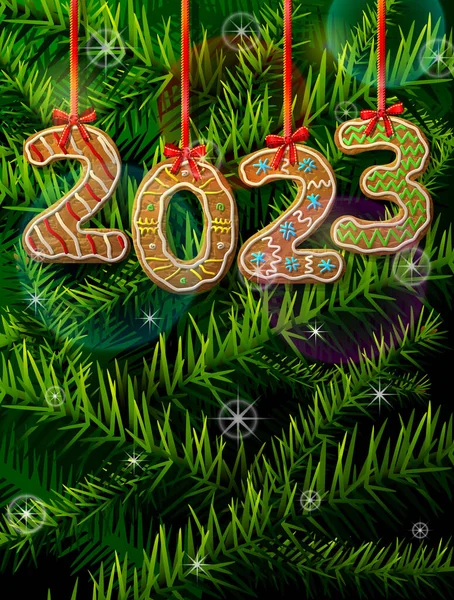 Πρωτοχρονιά 2023 Σχήμα Μελόψωμου Ενάντια Κλαδιά Πεύκου Έτος Νούμερο Σαν — Διανυσματικό Αρχείο