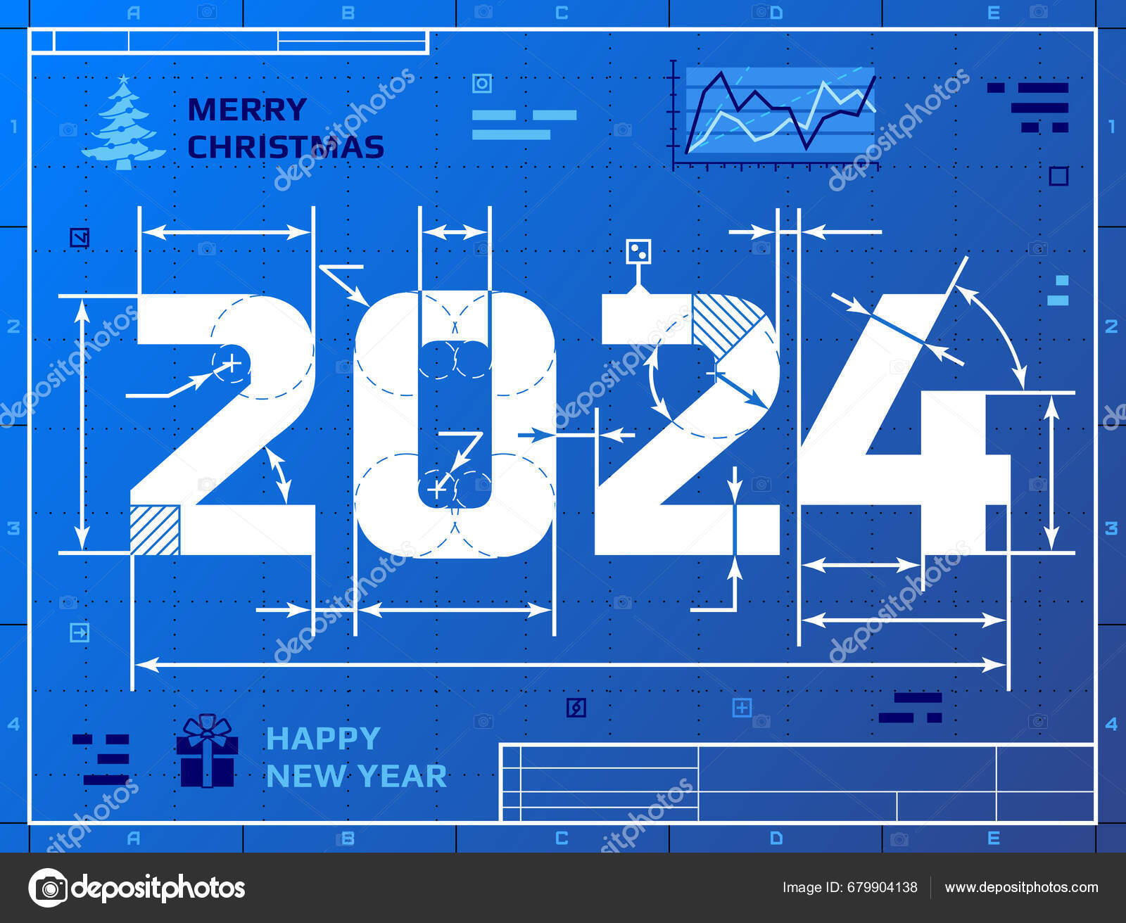 Card New Year 2024 Blueprint Drawing Stylized Drafting 2024 Blueprint