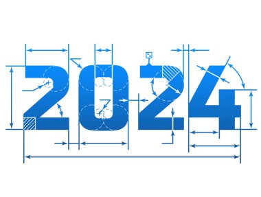 New Year 2024 number with dimension lines. Element of blueprint drawing in shape of 2024 year. Vector design element for new years day, christmas, winter holiday, engineering, new years eve, etc clipart