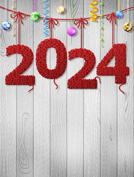 Νέο Έτος 2024 Πλεκτό Ύφασμα Χριστουγεννιάτικη Διακόσμηση Χριστουγεννιάτικο Ξύλινο Φόντο — Διανυσματικό Αρχείο