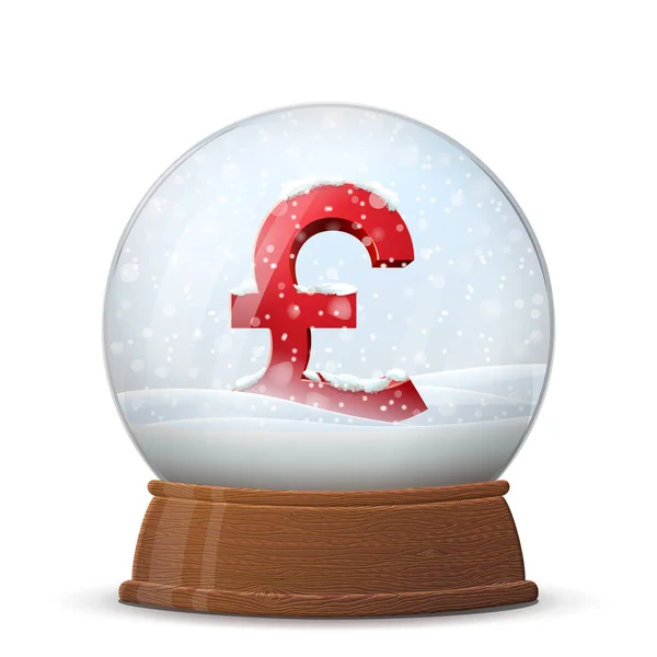 木製スタンドにポンドシンボルが付いたクリスマス雪の地球 中ポンドの滅菌サインが付いているガラス雪のドーム クリスマス 新年のためのベクトルイラスト 外国為替 通貨市場 お土産 ストックイラスト