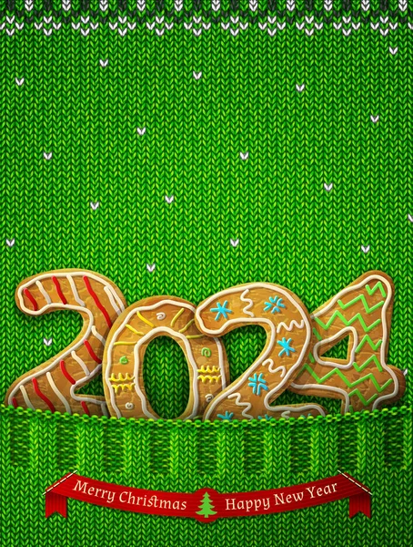 ニットポケットにジンジャーブレッドの形をした新年2024年 クッキーのような年数を持つセーター断片 新年のためのベクトルイラスト クリスマス 冬の休日 食べ物 シルベスター ストックイラスト