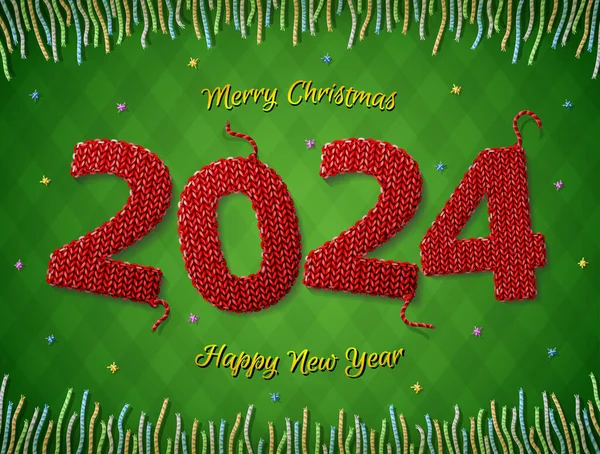 New Year 2024 Shape Knitted Fabric Checkered Background Christmas Wishes — Stock Vector