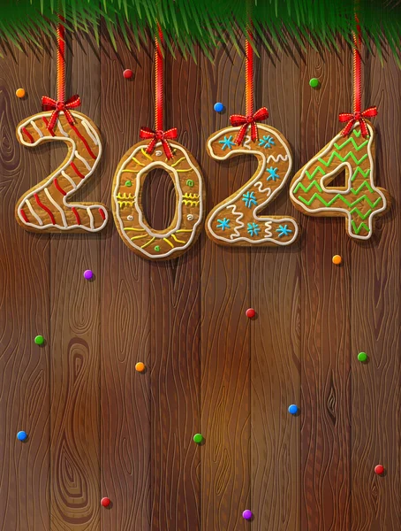 木の背景に対するジンジャーブレッドの形の新年2024年 リボンのクッキーのような年数 クリスマスのためのベクトルイラスト 新年の日 冬の休日 食べ物 シルベスター ストックベクター