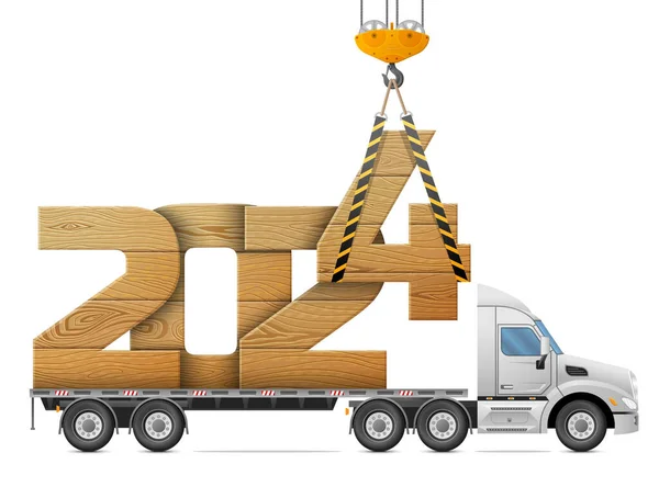 クレーンは木材の新年2024をロードします トラックの後ろの大きい木製の年数 新しい年の日のためのベクトルイメージ クリスマス 交通機関 冬の休日 新しい年 トラック シルベスター — ストックベクタ