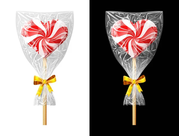 ハート型キャンディー ボウとプラスチック製のラッパーにスティック お祝いは白と黒の背景に隔離された赤いロリポップを包みました バレンタインデー 結婚式 ロマンチックな関係 食べ物 愛などのためのベクトルイラスト — ストックベクタ