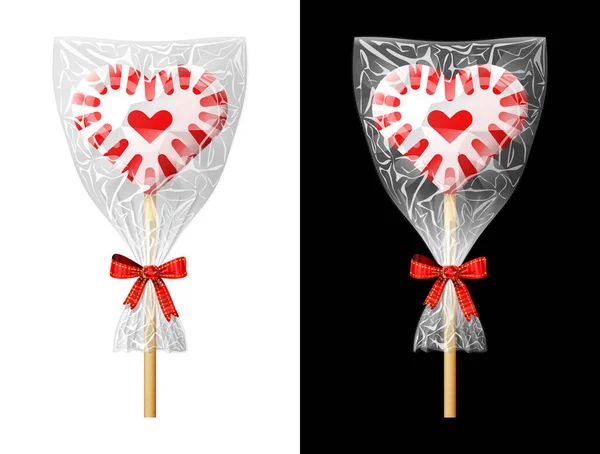 Cukierki Kształcie Serca Patyku Plastikowym Opakowaniu Kokardą Uroczysty Owinięty Czerwony Ilustracja Stockowa