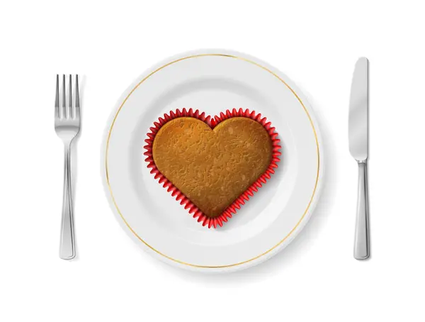 ハートカップケーキはフォークとナイフ トップビューのホワイトプレートにあります 中のハート型のクッキーと側面にカトラリーをセットしたディナープレート バレンタインデー テーブルセッティング 結婚式 ロマンチックな関係 食べ物 愛などについてのベクトル画像 ストックベクター