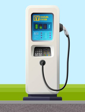 Elektrikli araba için açık hava EV şarj istasyonu. E-araba aküsü için kamu güç kaynağı. Kablo prizi, dijital ekran ve tuş takımlı elektrikli aracın şarj noktası. EV altyapısı, yenilenebilir enerji ve yeşil teknoloji hakkında vektör görüntüsü