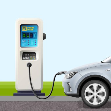 Elektrikli araba EV şarj istasyonunda şarj edilir. E-araba bataryasını kamu güç kaynağından şarj ediyor. EV altyapısı hakkında vektör illüstrasyonu, yenilenebilir enerji, alternatif yakıt, yeşil teknoloji