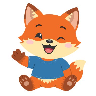 Beyaz arka planda izole edilmiş şirin yavru tilki. Çizgi film Chibi tilki yavrusu el sallıyor. Küçük Kai Fox oturuyor ve gülümsüyor. Çocuk kitabı için vektör illüstrasyonu, çocuk ürünleri tasarımı, anaokulu çocuklarının eğlencesi