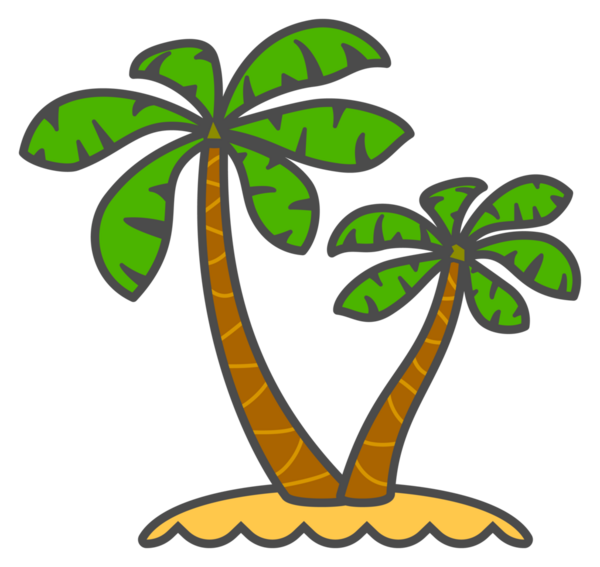 Şeffaflığı olan tropikal palmiye ağacının düz çizimi. Plaj palmiyelerinin düz tasarımı, ön manzara. Seyahat konsepti, güney doğası, tatil beldesi, tropikal bitki örtüsü, plaj vb.