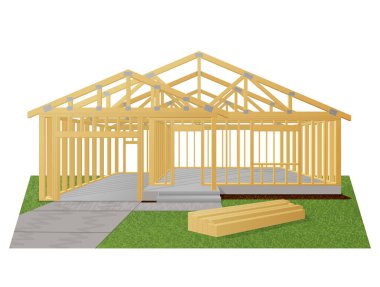 Tek katlı bir evin iskeleti. Beton temelde ahşap çerçeve. İnşaat, mimari, bina, gayrimenkul, geliştirme, yenileme, konut vs. hakkında vektör illüstrasyon