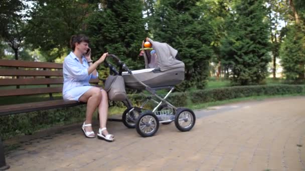 Kamerayı Yakınlaştır Parkta Bebek Arabasıyla Oturan Bir Kadın Telefonla Konuşuyordu — Stok video