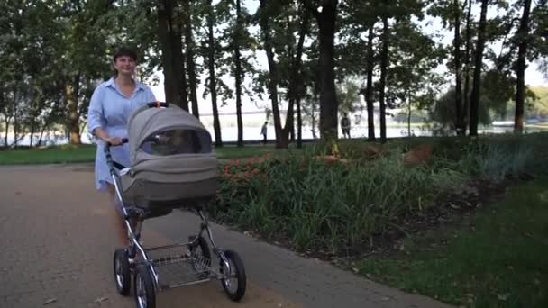 Een Jonge Moeder Loopt Het Park Met Een Wandelwagen Slow — Stockvideo