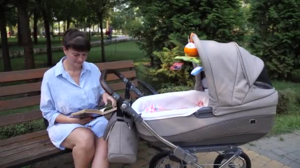 Mama Czyta Książkę Ławce Pobliżu Kobiety Leży Dziecko Wózku Powolne — Wideo stockowe