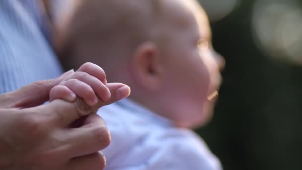 Close Hands Mother Gently Touching Caressing Baby Girls Hand Slow — Stock Video