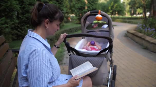 Egy Fiatal Anya Könyvet Olvas Egy Kisbabát Játszanak Egy Babakocsiban — Stock videók