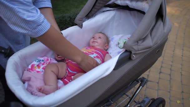 Mother Taking Care Baby Girl Stroller Female Caressing Consoling Crying — Stock Video