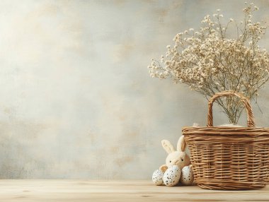 A charming Easter basket rests on a wooden surface, adorned with a cuddly bunny peeking out alongside pastel speckled eggs. Dried flowers add a touch of elegance to the tranquil atmosphere. clipart