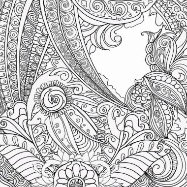 A detailed and intricate line art illustration showcases a variety of floral designs, swirling patterns, and leaves designed for coloring activities, inviting creativity and relaxation. clipart