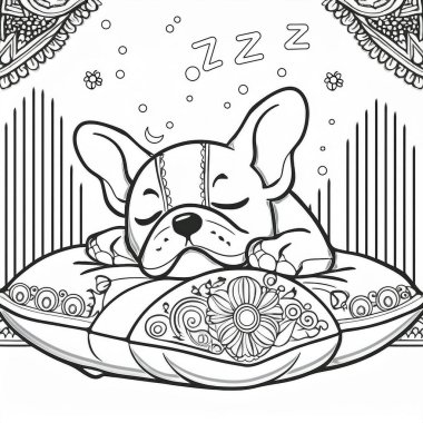 A cute french bulldog is peacefully sleeping on a beautifully designed pillow, surrounded by decorative patterns and a cozy indoor atmosphere. clipart