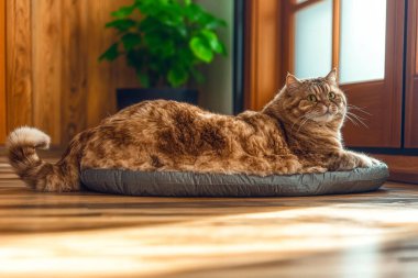 A plump cat sprawls comfortably on a round bed, wearing a T-shirt. Sunlight streams in through the window, casting warm shadows on the wooden floor. clipart