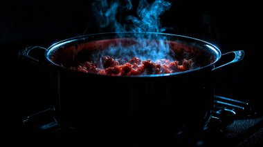 A pot rests on a black stove, emanating soft blue grey smoke that swirls into the air. The dark background enhances the ethereal quality of the haze, creating a mysterious atmosphere. The steam suggests cooking activity, hinting at the warmth and fla clipart