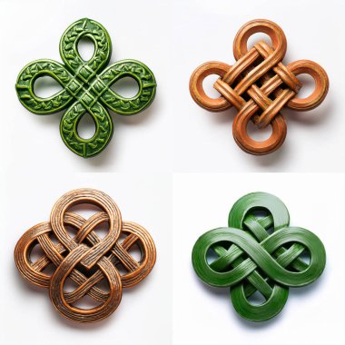 A collection of four intricate Irish style knots presented on a white background. The knots feature detailed designs with vibrant green and gold hues, showcasing traditional craftsmanship. Each knot symbolizes unity and eternity, capturing the essenc clipart