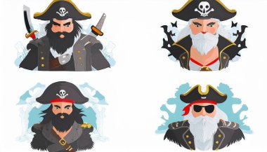 A diverse set of pirate characters, each with distinct features and outfit styles, is presented against a simple white background. These pirates showcase various accessories such as swords, hats, and bandanas, giving them a unique flair. clipart