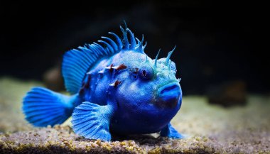 This striking blue hairy frogfish is captured in its natural underwater habitat, showcasing its vivid coloration and unique textures. Swimming gracefully amidst the textured backdrop, it demonstrates the fascinating adaptations of deep-sea life. clipart