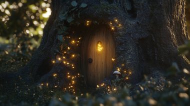 A mystical fairy door, carved into the gnarled trunk of a majestic oak tree, glows softly from its slightly ajar entrance. clipart