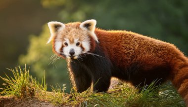 A playful red panda roams through a vibrant green landscape, surrounded by soft grass and illuminated by warm golden light. clipart