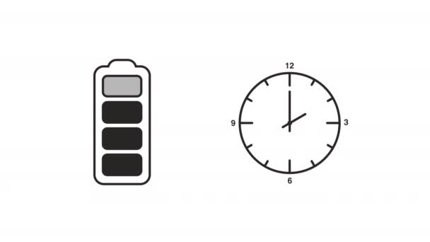 Animación Una Batería Descarga Durante Horas Reloj Con Manecillas Giratorias — Vídeo de stock