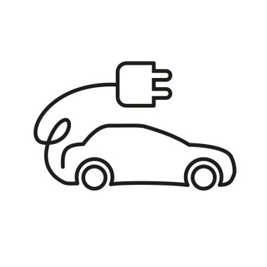 Şarj etmek için prizi olan bir araba ikonu. İnce çizgilerde elektrikli araba simgesi.